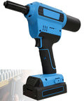 Cordless Pop Rivet Gun Powered By A Quiet Brushless Motor And Rock Solid Lithium Battery delivering effortless automatic recoil; blue and black design.