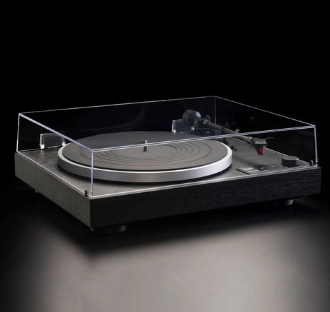 Dual CS429 Fully Automatic Belt Drive Turntable In Sleek Black With Ortofon 2M Red Cartridge visible from a side angle