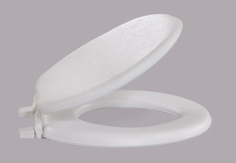 Ultra Comfy Round Padded Toilet Seat Loaded With Thick High Density Foam Core And Heavy Duty Smooth Vinyl Cover Bright White Finish No Sweat Setup Classic Round Compatible, viewed from above with lid lifted.