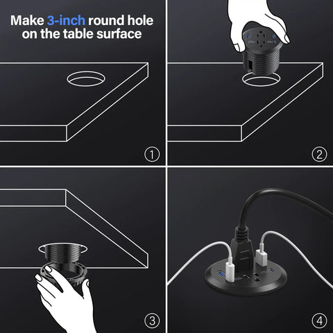 Level Up Your Desk Setup With This Recessed Power Grommet Featuring 65W Usb C Fast Charge installation process showing 3-inch hole and setup.