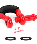 Close-up of red 3/4 Inch D Ring Shackles 2 Pack Heavy Duty Tow Recovery Shackle with 7/8 Inch Screw Pin 9,500 Lbs Break Strength.