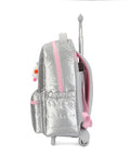 Side view of 17 Inch Water Resistant Wheeled Laptop Backpack With Convertible Rolling Bag Design, silver, showing wheels and pink accents.
