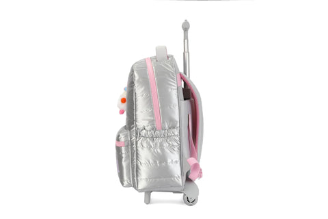 Side view of 17 Inch Water Resistant Wheeled Laptop Backpack With Convertible Rolling Bag Design, silver, showing wheels and pink accents.
