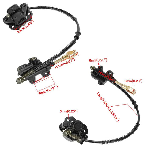 Rear Brake Master Cylinder Caliper Assembly Ride Ready Fits 50cc 70cc 90cc 110cc 125cc ATVs with hose and dimensions shown
