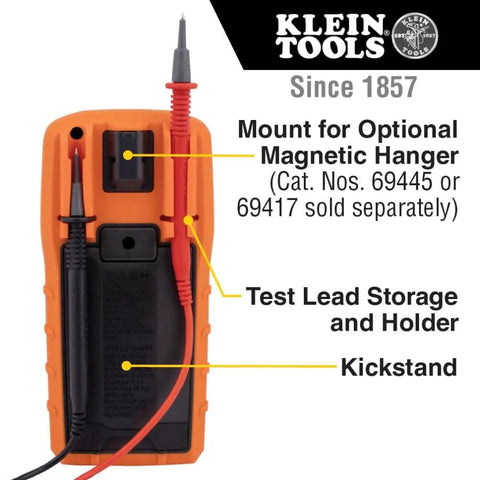 Back view of Rugged Digital Multimeter With Auto-Ranging TRMS LoZ Ghost Voltage Elimination showing test lead storage and kickstand.