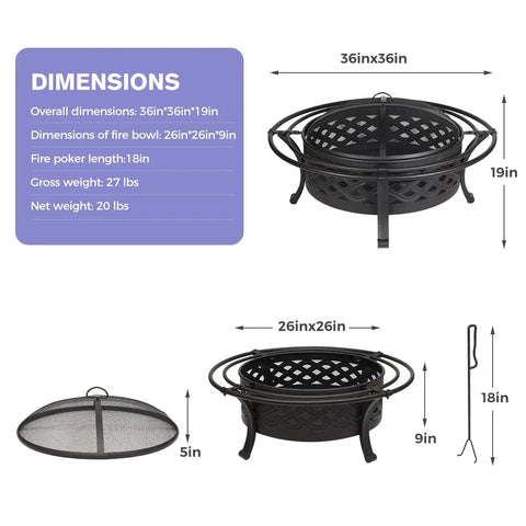 36 Inch Round Outdoor Fire Pit With Crossweave Design In Black Iron for Patio, Backyard, Garden, Camping; dimensions and accessories.