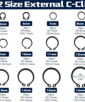 Alloy Steel E Clips And External Retaining Rings Kit Set Keronah showing 12 sizes from 5mm to 16mm with quantities and dimensions.