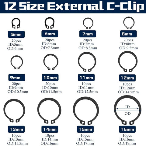 Alloy Steel E Clips And External Retaining Rings Kit Set Keronah showing 12 sizes from 5mm to 16mm with quantities and dimensions.
