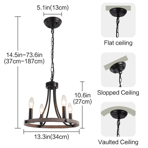 Black Farmhouse Chandelier With 4 Lights Round Wagon Wheel Pendant Fixture Delivering Rustic Industrial Vibe Adjustable Height Perfect For Dining Room Foyer Living Room And Entryway