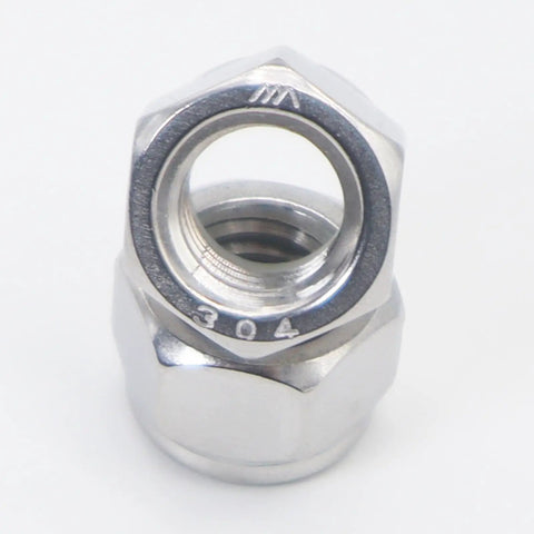 Close-up of a 304 stainless steel Nylock nut from the 4-40 Nylock Nuts Set, silver, with visible nylon insert for self-locking.