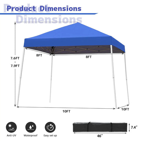 Pop Up Canopy Tent 10x10 Ft With Slant Leg Frame, No Hassle Setup Gazebo Shelter For Patio Deck Garden And Beach, Includes 8x8 Ft Cover And Carry Bag, Blue, product dimensions shown.