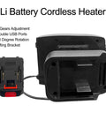 Portable Battery Powered Space Heater With Dual Usb Charging And Two Adjustable Temp Levels For Kickin Quiet Warmth Featuring A 360 Degree Rotating Head showing rear and side with USB ports and adjustment features.
