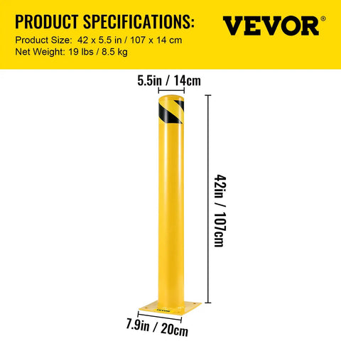 Tough As Nails Heavy Duty Yellow Safety Bollard Barrier 36 Inch Tall 5.5 Inch Diameter Steel Post With Welded Construction, Impact Resistant Traffic Guard For Parking Lots And Sensitive Areas Includes 4 Free Anchor Bolts shown with dimensions.