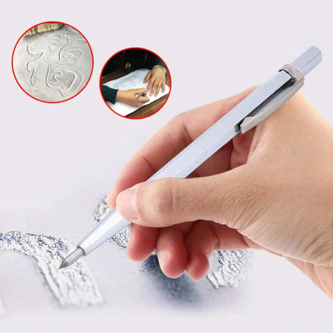 Five Piece Diamond Scriber Pen Set Featuring Rock Hard Tungsten Carbide Tips For Smooth Marking And Quick Engraving On Glass Ceramic Metal And Wood Tasks Knocked Out Fast With Zero Sweat Today, hand using pen on material.