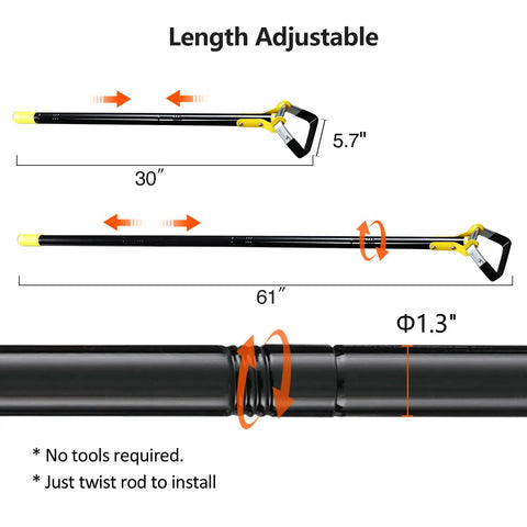 Adjustable Long Handle Stirrup Hoe For Snag Free Weeding And Yard Work Cultivation showing extendable length from 30 to 61 inches