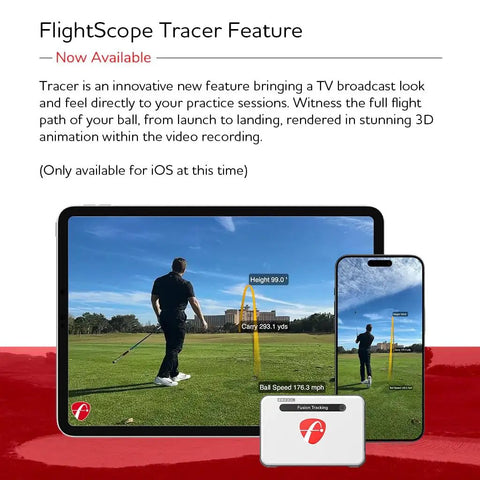 Mevo Plus GPS Launch Monitor And Golf Simulator, showing tracer feature on tablet and phone for outdoor golf practice.