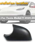 Slick Left Side Rearview Mirror Cover Cap Rugged Abs Build Nail Perfect Fit For Tesla Model Y 2020 2021 2022 2023 shown on vehicle.