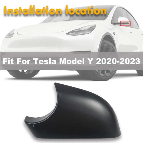 Slick Left Side Rearview Mirror Cover Cap Rugged Abs Build Nail Perfect Fit For Tesla Model Y 2020 2021 2022 2023 shown on vehicle.