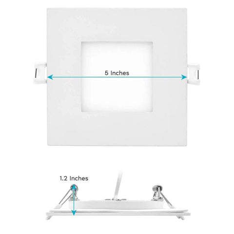 Front and side view of 4 Inch Ultra Thin Square LED Recessed Lighting Kit, Dimmable 10W Downlights, Canless, Wet and IC Rated, 5 Color Temps.