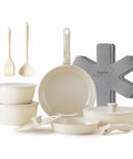 Ceramic Cookware Set With Detachable Handles, No Teflon Nonstick Pots And Pans, 16 Piece, beige utensils and protectors.