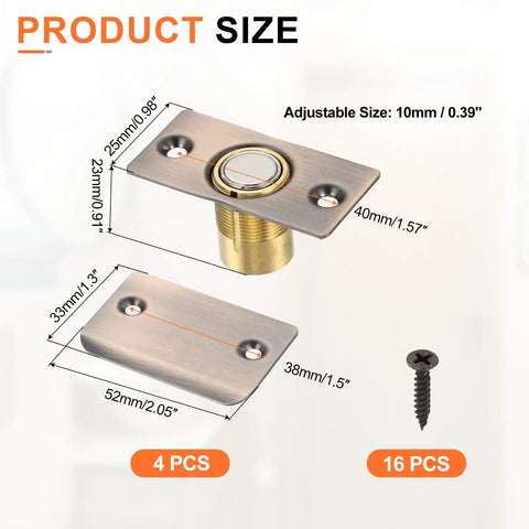 4 Pack Adjustable Magnetic Door Catch Kit for Cabinets and Closets with screws, product dimensions and design details