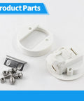 Heavy Duty White Flush Pull Slam Latches 4 Pack For Cabinets And Storage Drawers Slick Plastic Build With Reliable Self Closing Action parts including screws and mounting brackets.