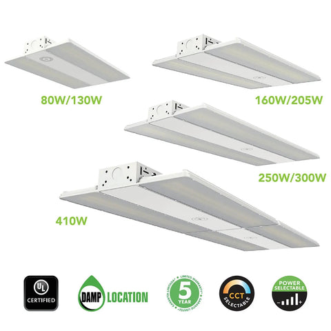 Heavy Duty Led Linear High Bay Shop Lights 410W Cranking 60600 Lumens 0 To 10V Dimmable Rotatable Hanging Fixture 5000K Daylight multiple wattage options