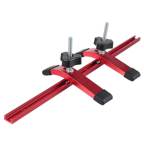 Heavy Duty 2 Pack Red Aluminum T Track Clamps For CNC Milling And Woodworking Quick Acting Hold Down Fixtures showing red aluminum clamps on track.