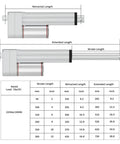 Linear actuator side view with aluminum body and mounting bracket, showing extended/retracted length diagram.