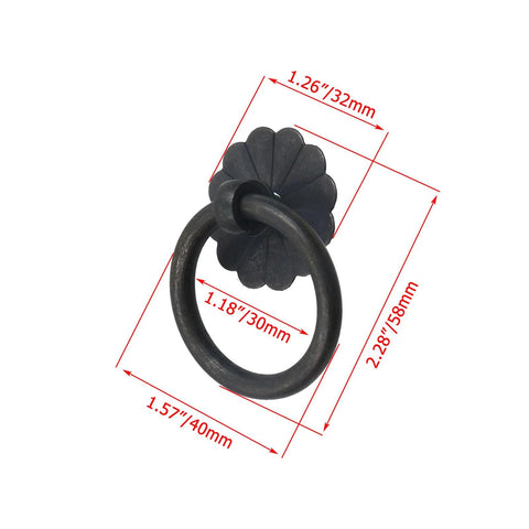 4 Pcs Vintage Style Brass Cabinet Pulls With Screws Black Flower Shape Drawer Ring Knobs for Dresser, 40mm Diameter, Dimensions Shown