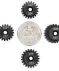 32P Pinion Gear Set 5Mm 32 Pitch 19T 20T 21T 22T RC Parts displayed with coin for size comparison