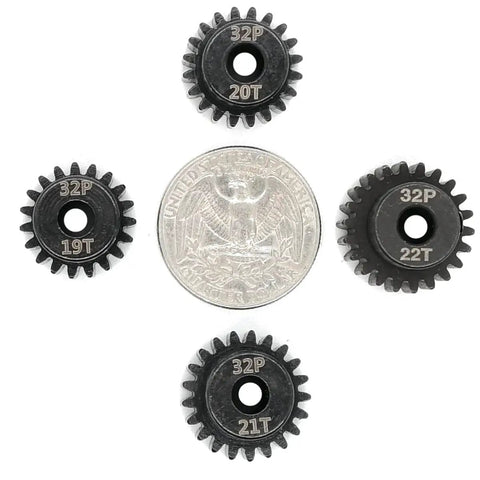 32P Pinion Gear Set 5Mm 32 Pitch 19T 20T 21T 22T RC Parts displayed with coin for size comparison