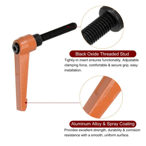 4 Pack Slick Quick Release Clamping Lever Handles With M8 X 50mm Male Thread Rotary Knobs For Heavy Hitting Aluminum Machine Adjustments And No Sweat Workshop Setup In Durable Orange Coating close-up of black oxide threaded stud and orange handle.