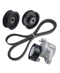 Super Cool Engine Drive Belt Tensioner Assembly With 2 Snazzy Idler Pulleys And Quality Belt Built For Mercedes-Benz M272 M273 W204 W203 Plus OE Fitment Numbers components on white background.