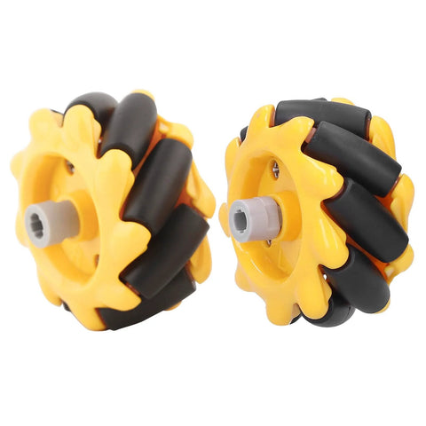 Stylebest Mecanum wheel pair, yellow ABS wheels with black rubber-coated rollers and grey hubs, 48mm