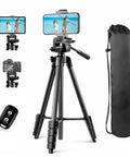 64 Inch Camera And Tablet Tripod With Remote For iPad And iPhone, Aluminum Alloy Legs, 3 Way Pan Head With Spirit Level, Bag, Holder