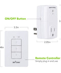 Mini Wireless Wall Mount Remote Outlet Switch Kit With 3 Plug In Outlets For Household Appliances And LED Lighting Easy No Fuss Plug In Play Remote Strong RF Signal Through Doors And Walls White showing dimensions and buttons