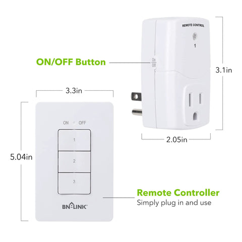 Mini Wireless Wall Mount Remote Outlet Switch Kit With 3 Plug In Outlets For Household Appliances And LED Lighting Easy No Fuss Plug In Play Remote Strong RF Signal Through Doors And Walls White showing dimensions and buttons