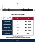 Size chart for Bridle Cheek Pieces With Hook Fastening White Stitching One Half Inch Wide Havana Brown Full Size Premium