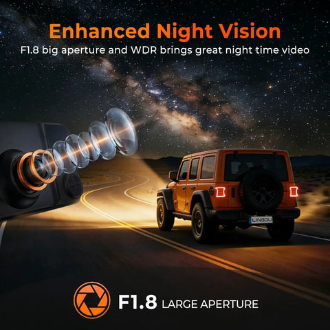 12 Inch Mirror Dash Cam With Crystal Clear 4K UHD Front And 2.5K Rear enhancing Jeep night vision on dark road.