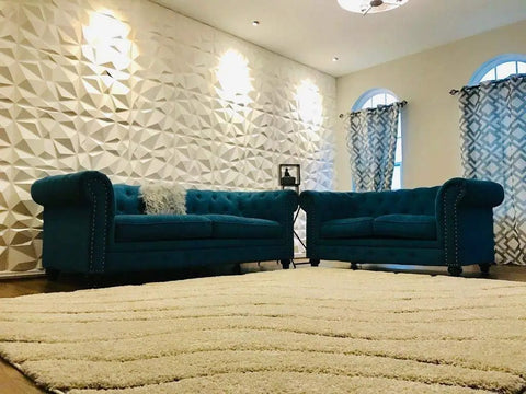 Living room with 12 Pack 3D Diamond Wall Panels 19.7x19.7 Inches PVC For Living Room Office TV Backdrop Accent Wall Waterproof Decor