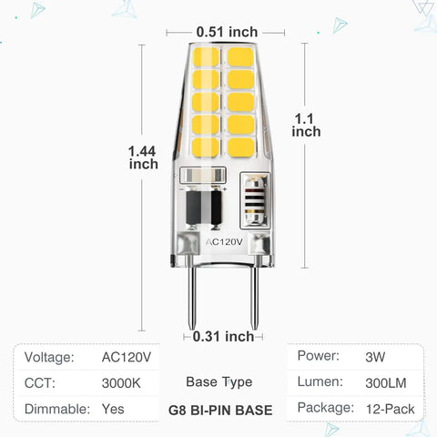 12 Pack G8 LED Bulbs Dimmable 120V T4 20W Warm White 3000K Under Cabinet Lighting For Home, detailed size dimensions view