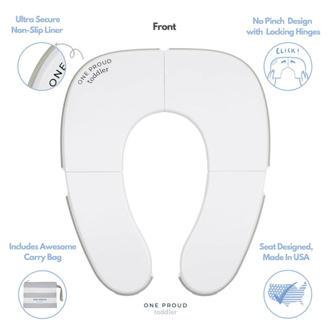 Foldable Travel Potty Seat For Toddlers, Rock Solid And Slim Baby Toilet Training Chair For Road Trips, No Hassle Packable Design Made Right Here In The Usa