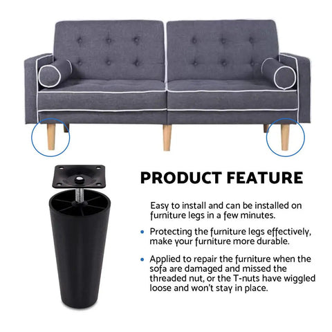 Heavy Duty 4 Piece Furniture Leg Mounting Plates Kit With M8 Hanger Bolts and Adapters on a grey sofa, showing leg installation