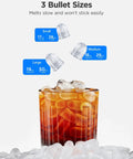 Glass of iced tea with bullet ice from Smart Countertop Ice Maker Portable Ice Machine. Three ice sizes floating above.
