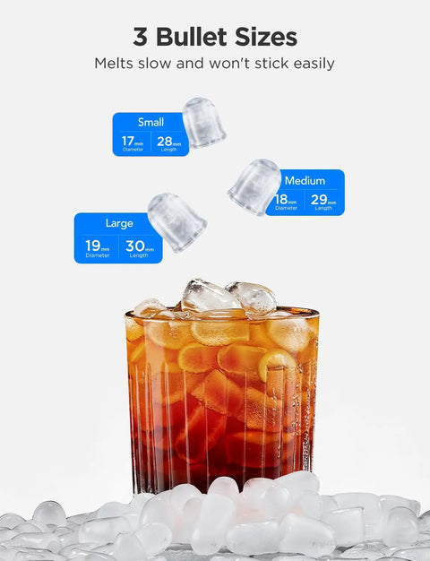 Glass of iced tea with bullet ice from Smart Countertop Ice Maker Portable Ice Machine. Three ice sizes floating above.