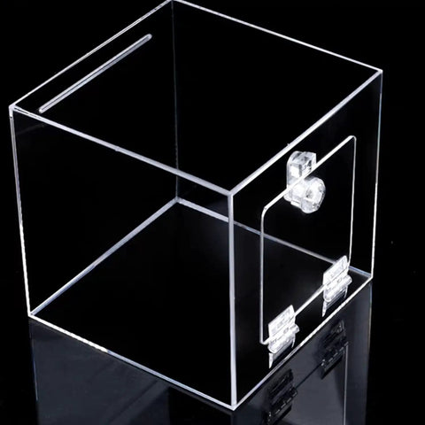 A clear acrylic box with a transparent door using a Set Of 4 Clear Acrylic Piano Hinges Self Adhesive For Cabinets And Drawers, 65x40 mm.