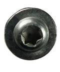Close-up of T30 Torx drive head of 15 X 6 Inch Construction Lag Screw Stainless Steel 300 Series With T30 Torx Drive Heavy Duty Washer Head Built Tough For ACQ Treated Lumber Not For Direct Salt Water Exposure Corrosion Resistant Fastener Pack Of 100.
