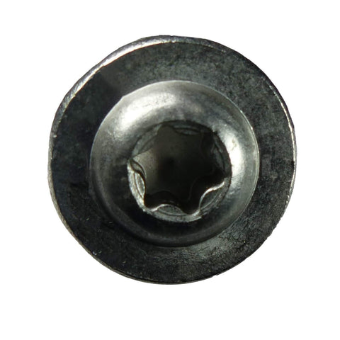 Close-up of T30 Torx drive head of 15 X 6 Inch Construction Lag Screw Stainless Steel 300 Series With T30 Torx Drive Heavy Duty Washer Head Built Tough For ACQ Treated Lumber Not For Direct Salt Water Exposure Corrosion Resistant Fastener Pack Of 100.