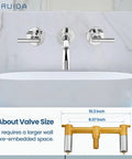 Wall Mounted Widespread Bathroom Sink Faucet With 2 Levers And A 360 Swivel Spout 3 Holes Chrome Finish Solid Brass Construction Brass Rough In Valve Smooth 1.2 GPM Flow Easy Install Vanity Lavatory Mixer Tap above white sink